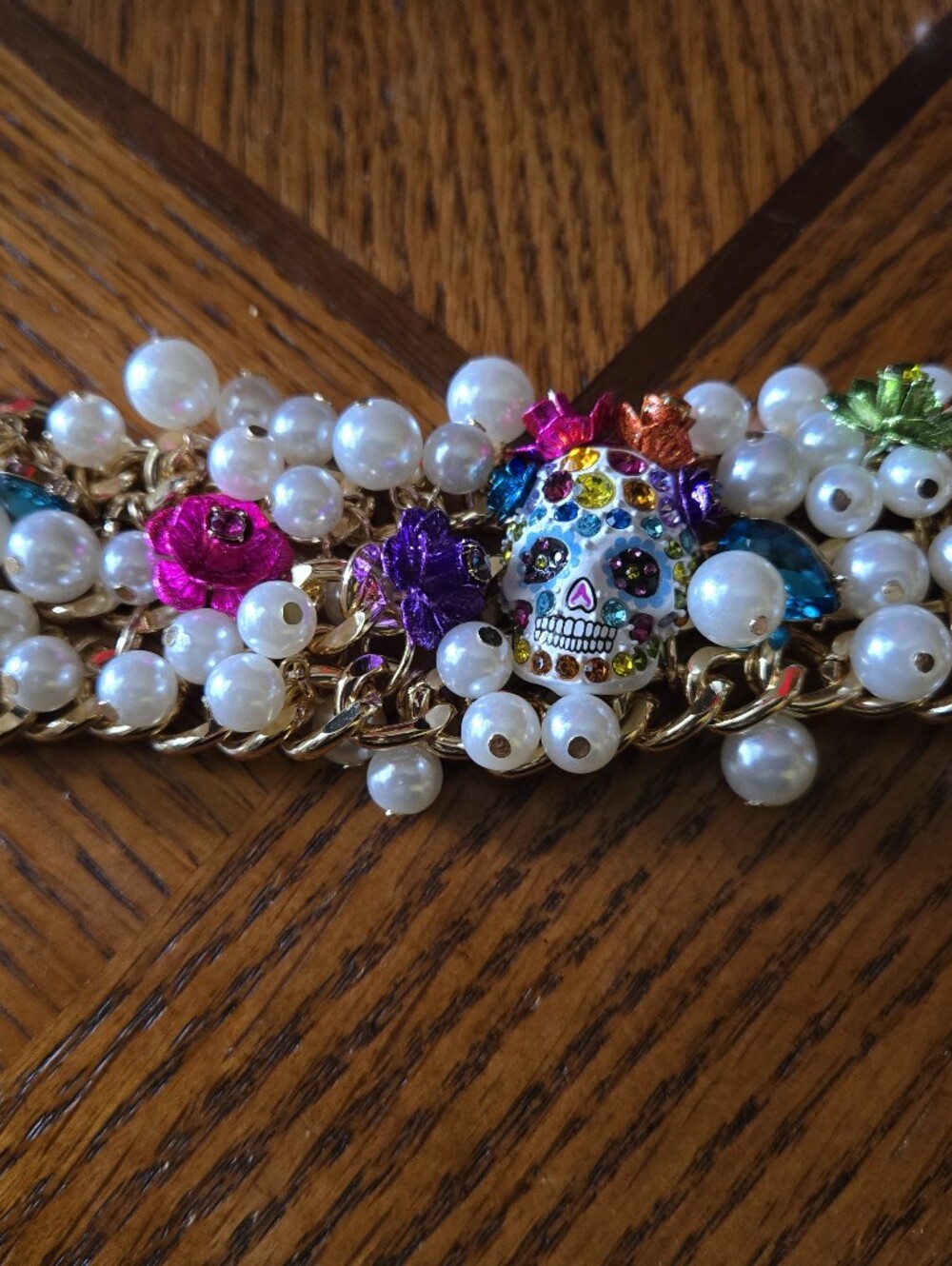 Betsey Johnson Bracelet with Multicolor Sugar Skull and Flower Charms